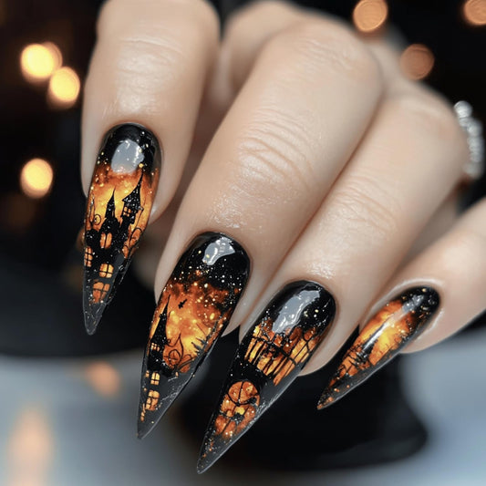 Almond Tip Halloween Press on Nails Long Length Flame Castle Pattern Design Halloween Nail Full Cover Glossy Artificial Acrylic False Nail Black French Tip Festival Stick on Nails for Women Supplies