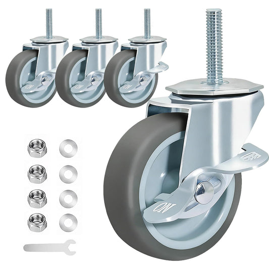 LSWhee 3-inch Threaded-Shaft Casters (Set of 4) with Dual-Lock Brakes; Heavy-Duty TPR Swivel Casters for Wire Racks, Workbenches, Tool Carts, and Storage Racks; 500-pound Load Capacity
