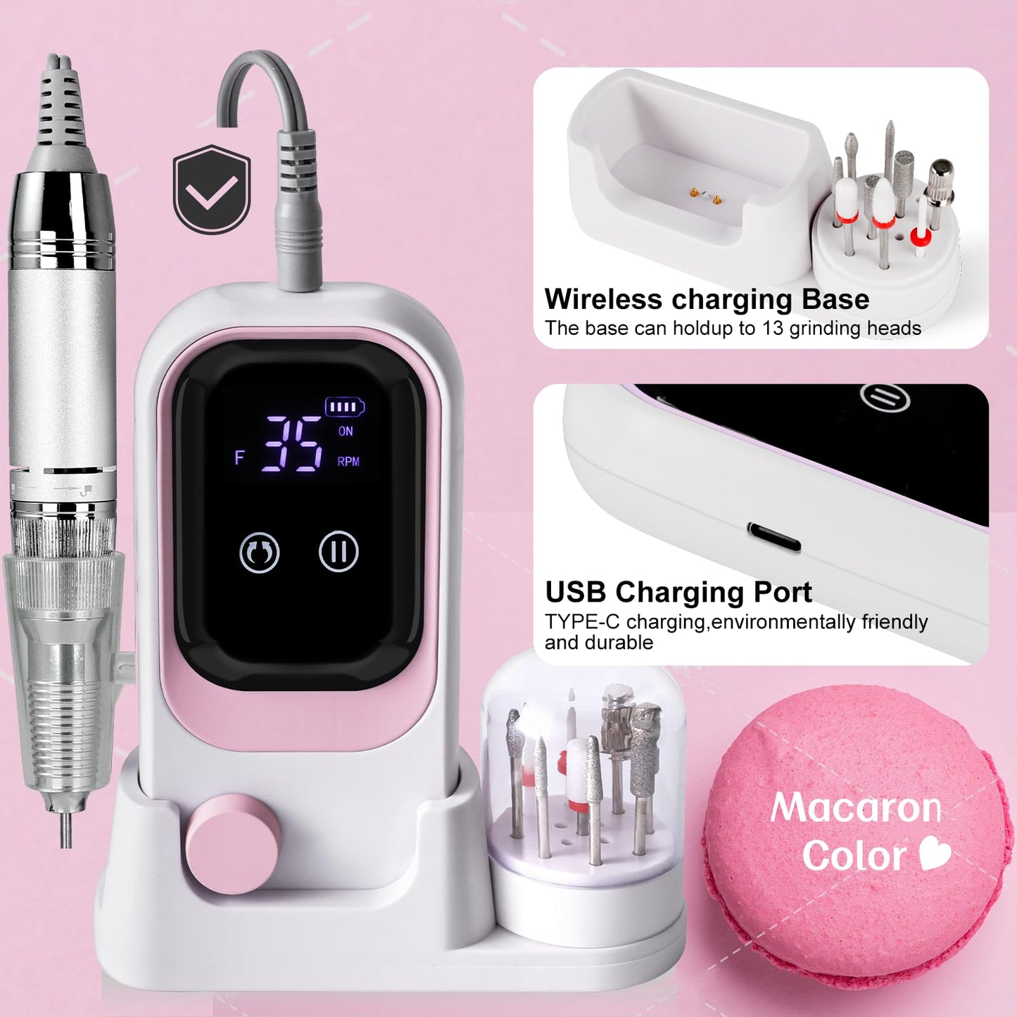 LIMEGIRL Electric File Nail Drill Professional 35000RPM Pink Nail File with Rechargeable Base & Bits Nail Drill Bit Nail Files and Buffers for Acrylic Nail Remove Nail Tech Must Haves for Salon Home