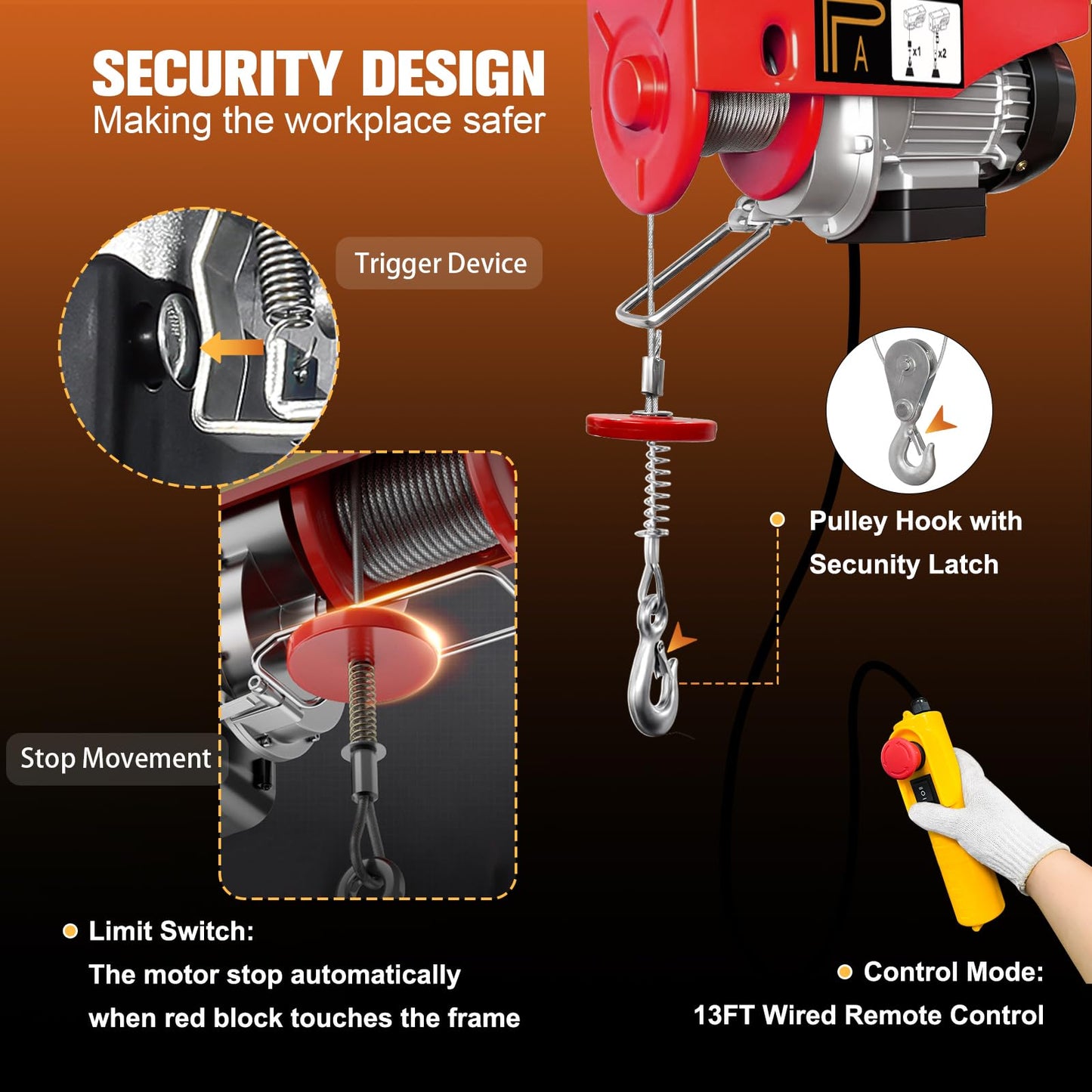 FITHOIST Electric Hoist 1320 lbs,110V Winch with Wired Remote Control,Electric Winch Single/Double Slings 39.4ft Lifting Height with Emergency Stop for Factories,Warehouses,Construction Site