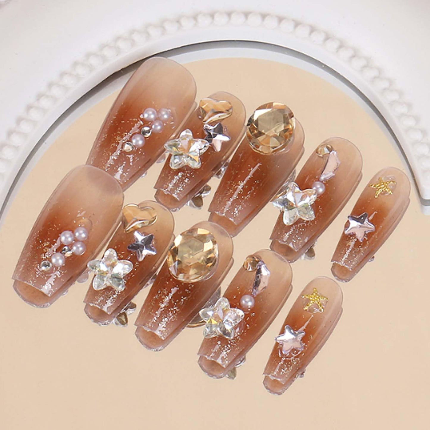 Hkanlre Long Coffin Fake Rhienstones Nails Tips Bling Gradient Press on Nails Full Cover False Nails for Women 24PCS