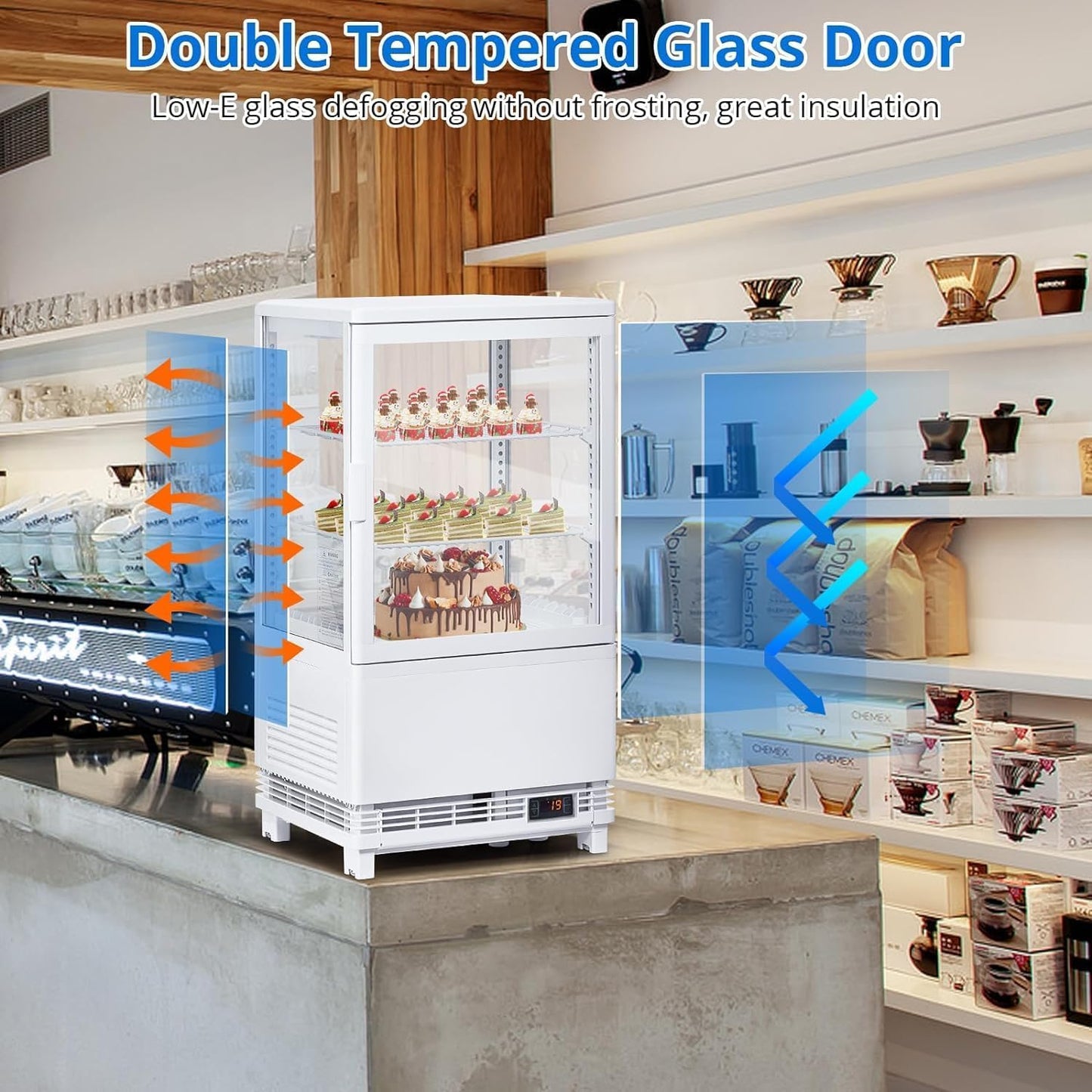 PeakPursuit Countertop Display Refrigerator 2.0 Cu.ft, LED Light, Air-Cooling, Sliding Door, Adjustable Shelves, Automatic Defrost, Commercial Mini Fridge for Bakery, Cafe, Restaurant, White