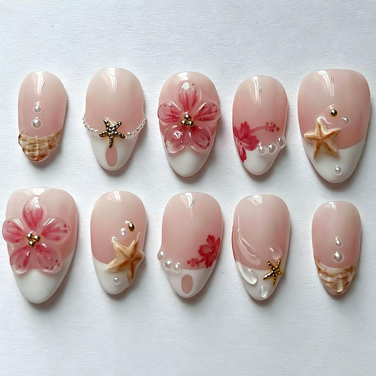 Short Almond Press on Nails French Tip Fake Nails with 3D Flower & Starfish Charms Design Glossy Acrylic False Nails Full Cover Stick on Nails Summer Beach Ocean Style for Women Girls 30Pcs