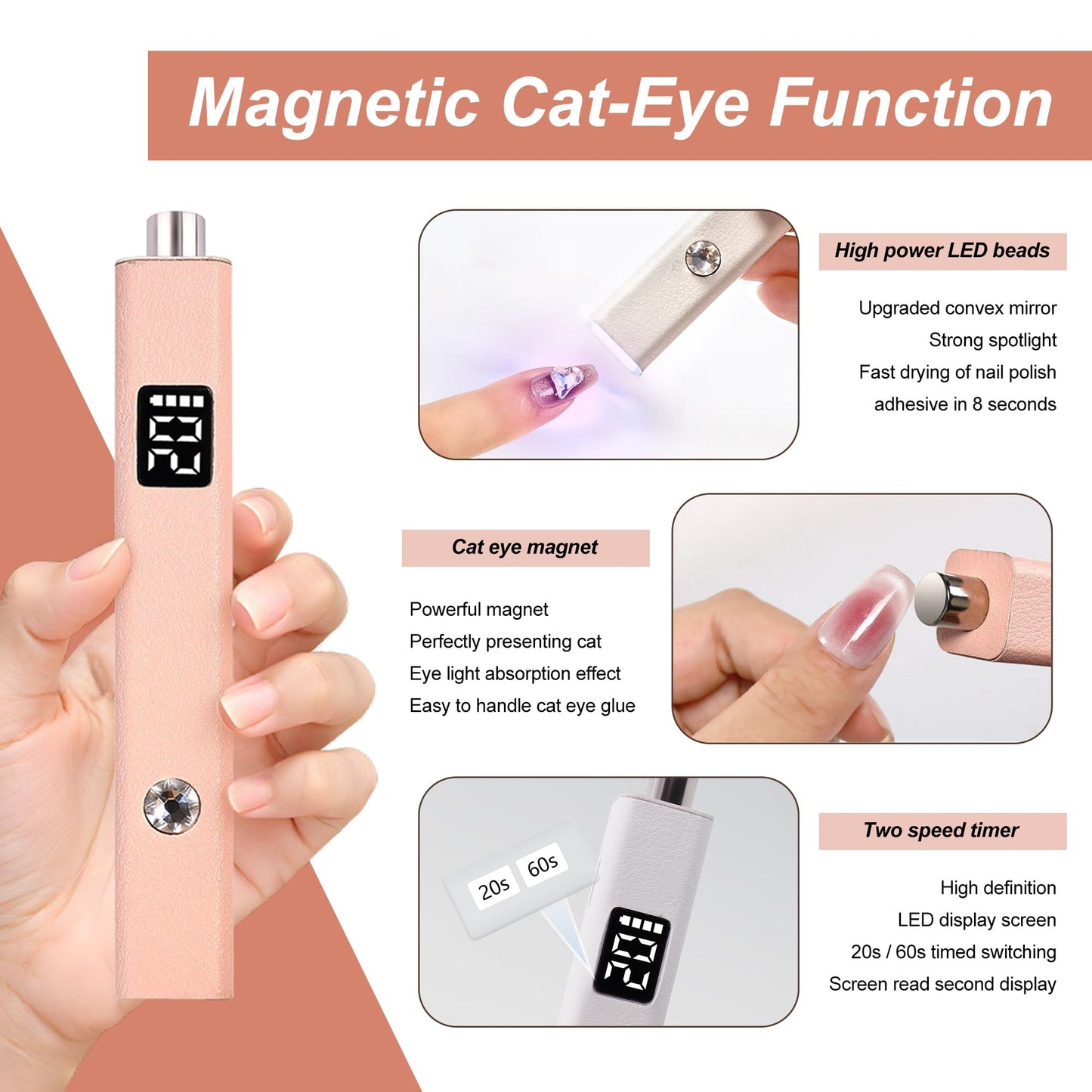 gzpynsgaoh 2 in 1 U V Nail Lamp Cat Eye Magnet 8s Flash Cure Lamp Nail Portable Cordless UV/LED Nail Dryer for Gel Polish with Magnetic Cat Eye Design,U V Light for Gel Nails.(Pink)