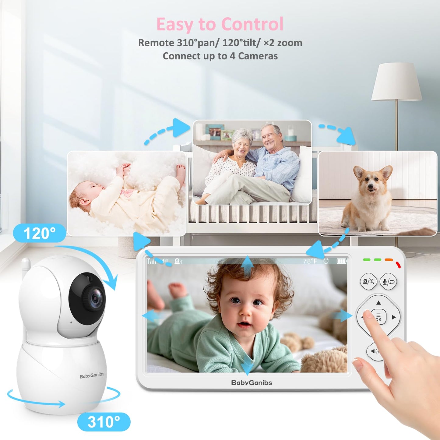 Baby Ganibs 6" Big Screen Baby Monitor with Camera and Audio, 1000ft Long Range No WiFi, 2-Way Talk, 8 Lullabies, ECO Mode, Infrared Night Vision, 150 Languages, Baby Shower,Baby Register Gift