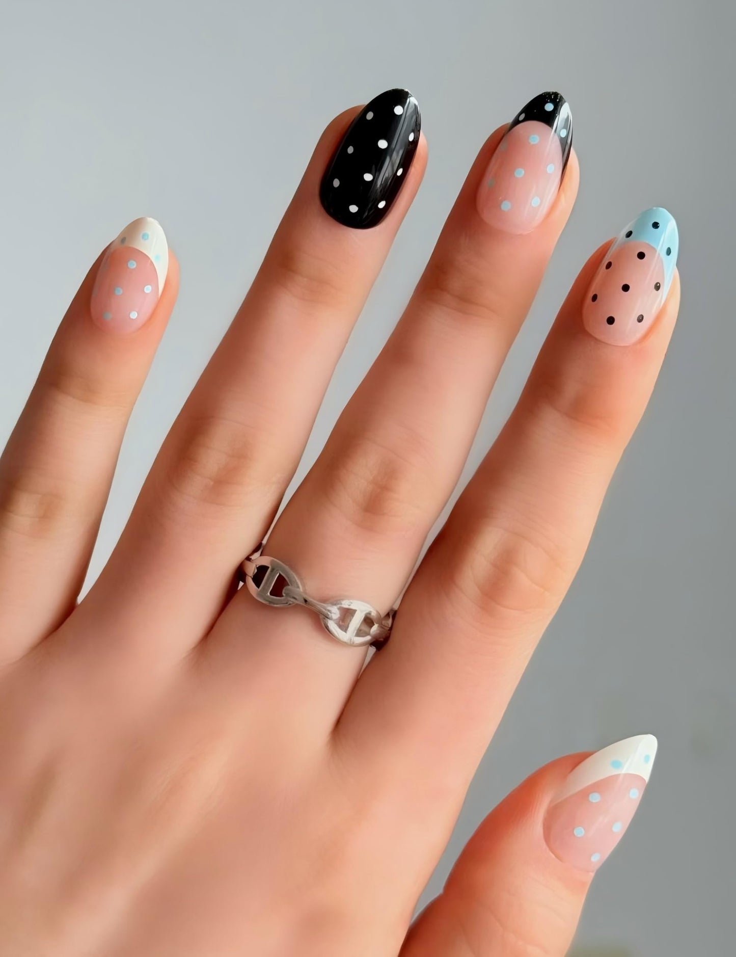 French Polka Dot Press On Nails, Medium Almond Shape, Black White Blue Colors, Waterproof Long Lasting, with Strong Glue & Adhesive Tabs, 24Pcs 12 Sizes, All-in-One Manicure Kit for Women by Nailinism