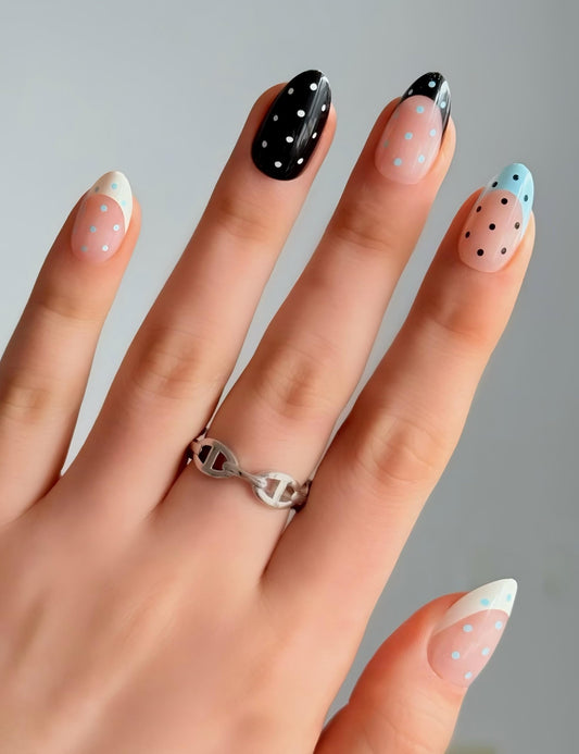 French Polka Dot Press On Nails, Medium Almond Shape, Black White Blue Colors, Waterproof Long Lasting, with Strong Glue & Adhesive Tabs, 24Pcs 12 Sizes, All-in-One Manicure Kit for Women by Nailinism