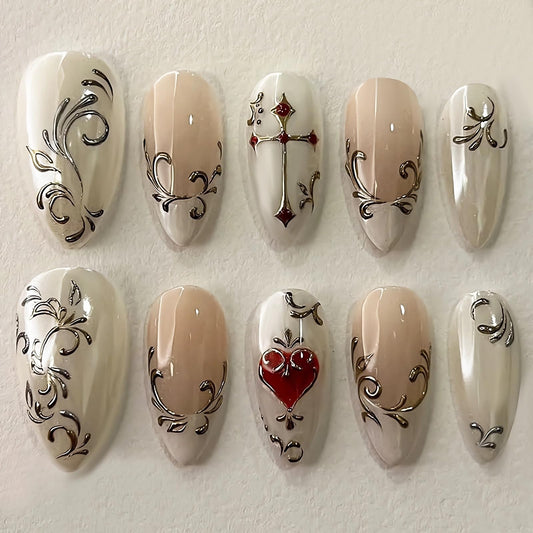 BABALAL Press On Nails, Medium Almond Fake Nails, White French Tip, Sliver Cross & Heart Design, Y2k Goth Acrylic, Reusable Glossy Full Cover Glue On Nails 24Pcs