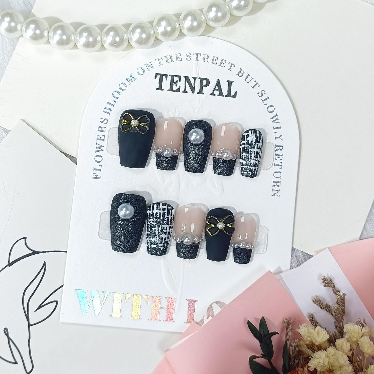 TENPAL Handmade French Tips Press on Nails Medium,Black Gold Pearl & Bow Tweed Coffin,Detachable Luxury Heirloom Elegance for Fair Skin, Acrylic Wedding Nails for Women(XS)