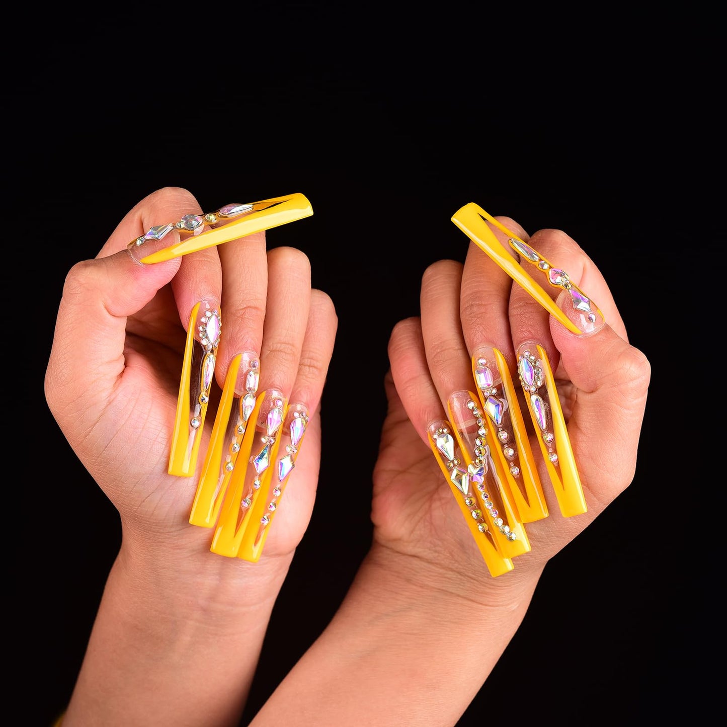 Tmani 10pc/set Extra Long Handmade Press On Nail Hot Girl's Long Ballet Nails Square Nail Full of Diamond Glitter Decoration Fake Nails Suitable For Girls Festival Parties and Birthday Gift (144,M)