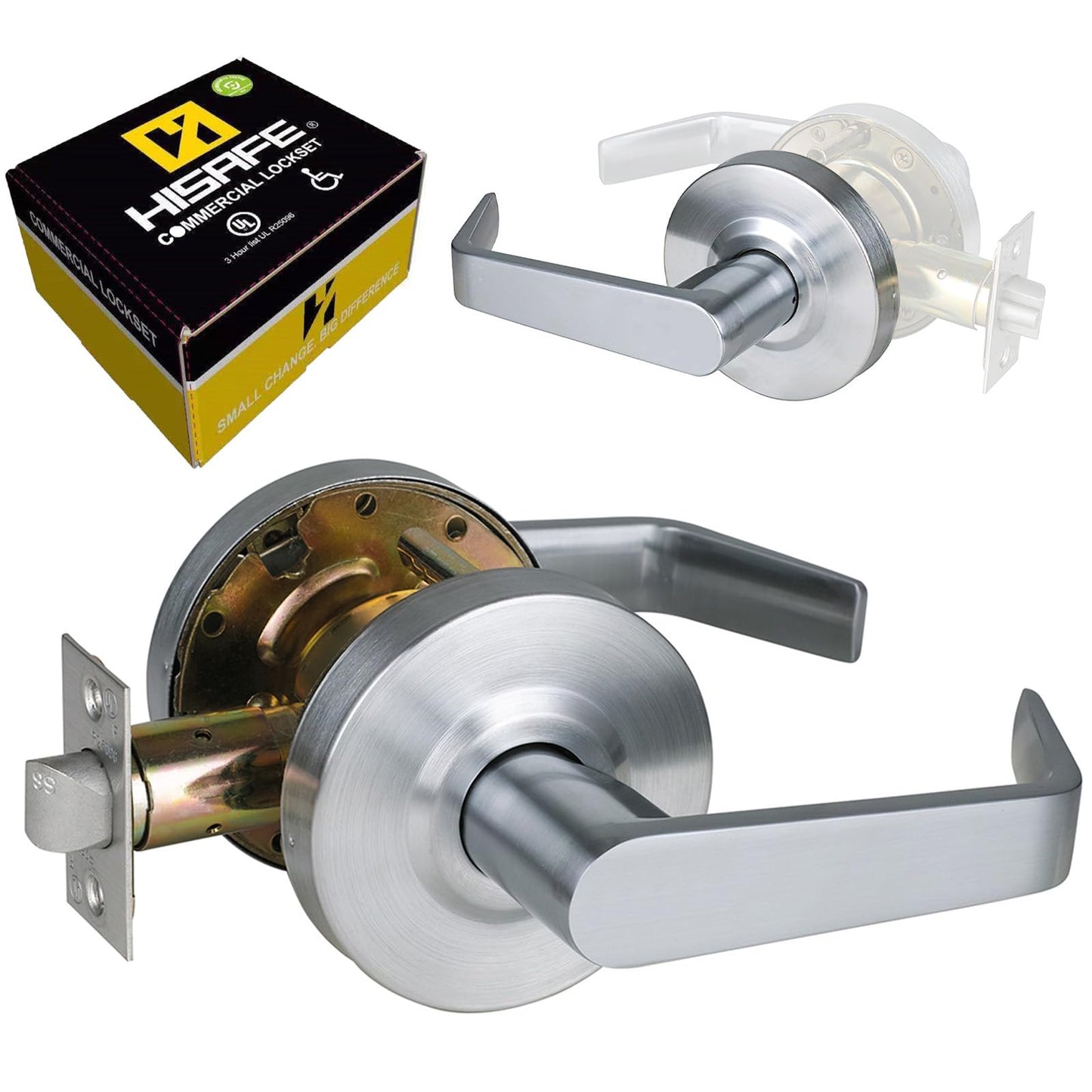 HISAFE Passage Commercial Door Locks Heavy Duty Grade 2 Lever, Non-Handed, UL 3 Hour Fire Rated, ADA Compliant, Satin Chrome Finish 26D, 2-3/4''Backset, X-XG-PS-70