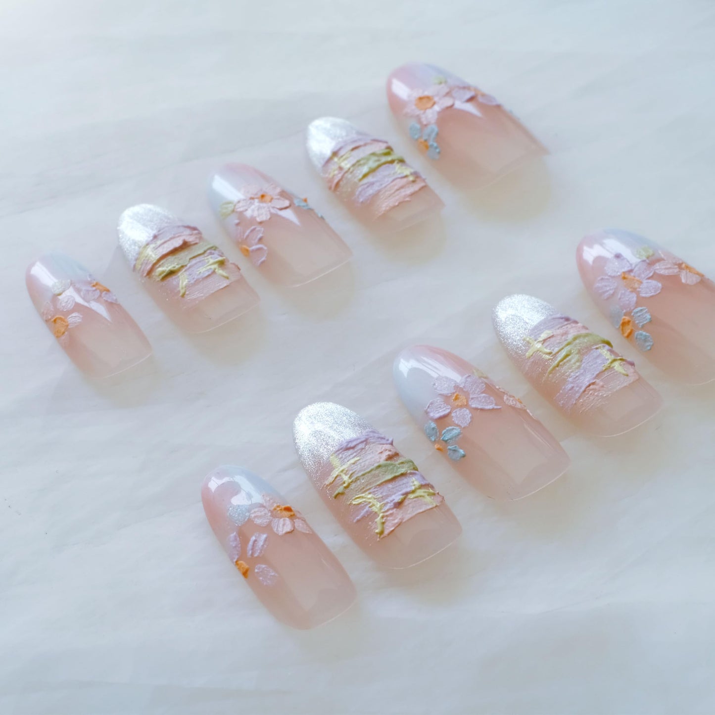 [GLORS] Purly Handmade Almond Press on Nails | Oil Painting Style Flower in White and Nude French Tip Nails, 10 Pieces (Medium, Almond)