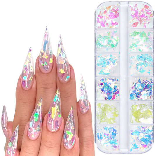 Iridescent Glitter Nail Art Sequins, Holographic 3D Irregular Ultra Thin Nail Art Glitter Flakes Design, Shiny Mermaid Nail Glitter Slices Resin Acrylic Supplies for Women Girls Manicure Decorations