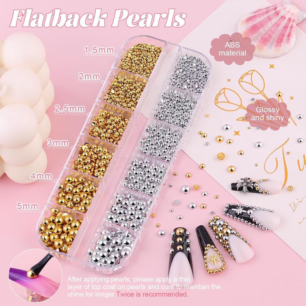 Flatback Pearl Nail Charms and Gems, Half Round 1.5-4mm Gold Silver Nail Charms, White Beige Pearls for Acrylic Nails, Resin Nail Rhinestones for Face Makeup and Crafting 2Boxes