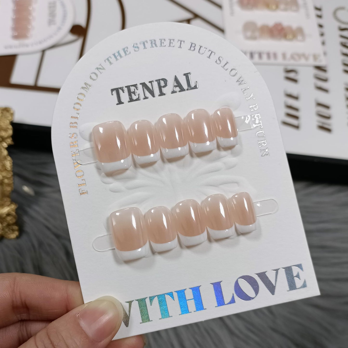 TENPAL Aurora White French Tips Press on Nails Short Square Minimalist & Reusable False Nails for Everyday Luxury | Clean Chic Style(M)