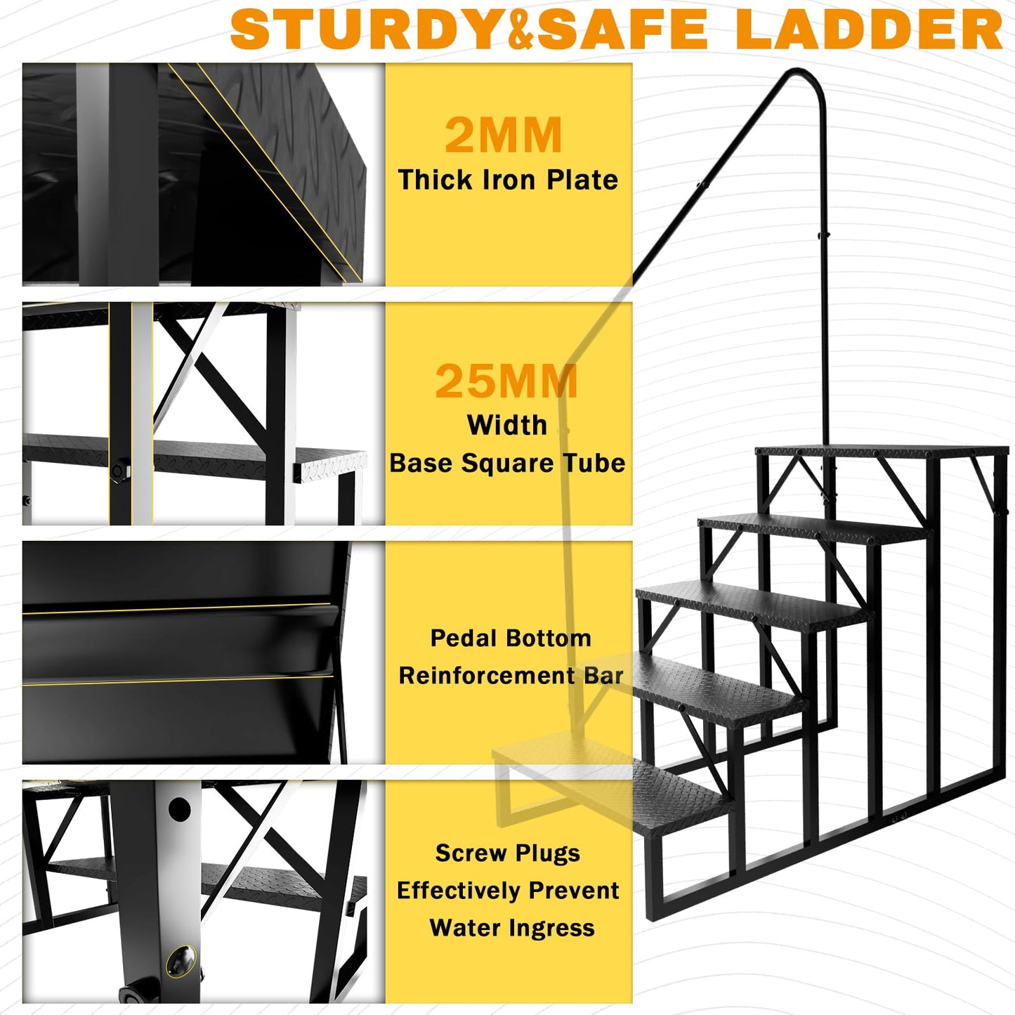 RV Steps with Handrail, Hot Tub Steps Outdoor, 5 Step Ladder Stool, RV Stairs with Anti-Slip Panel, Camper Steps for Spa, Travel Trailers, Pool and Porch