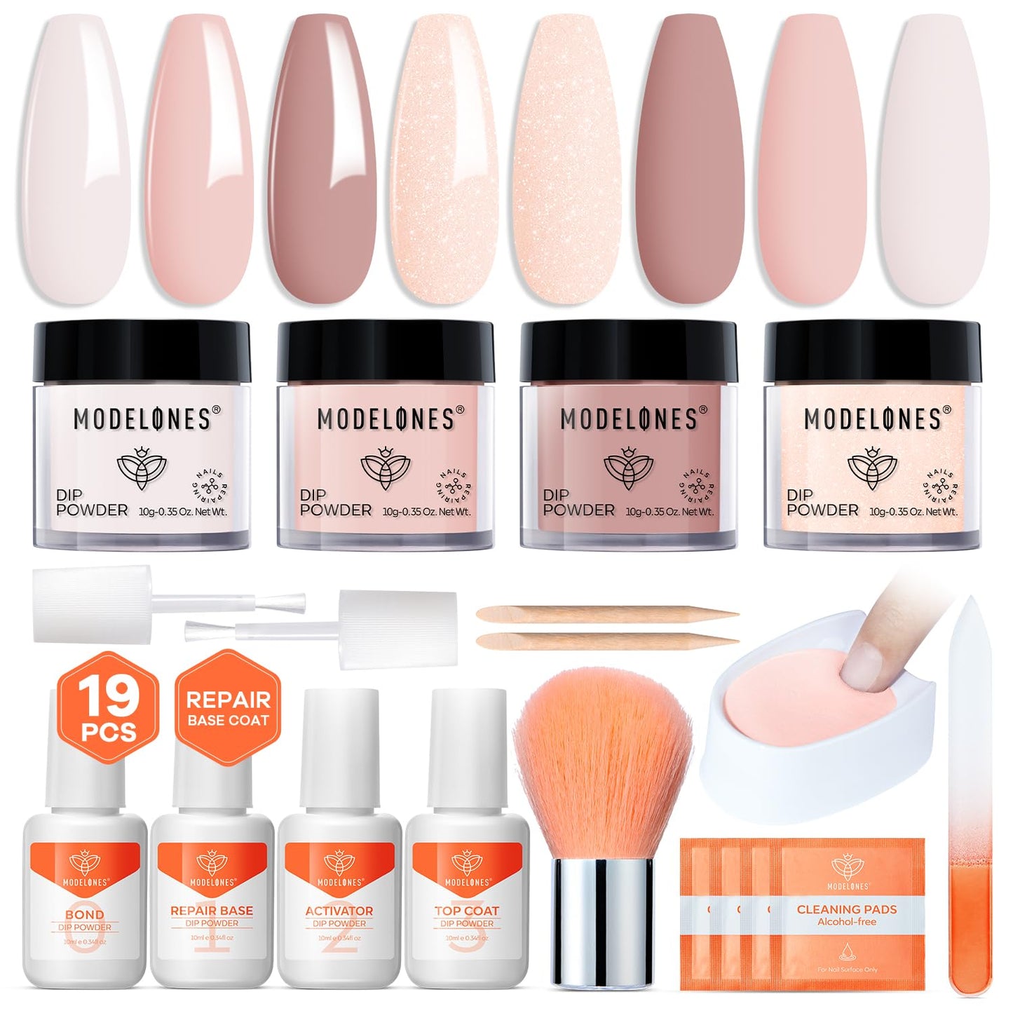 Modelones Dip Powder Nail Kit, 4 Colors Spring Summer Nude Pink Glitter Dipping Starter Set with Liquid and Complete Accessories for French Nails Art Salon DIY at Home Manicure