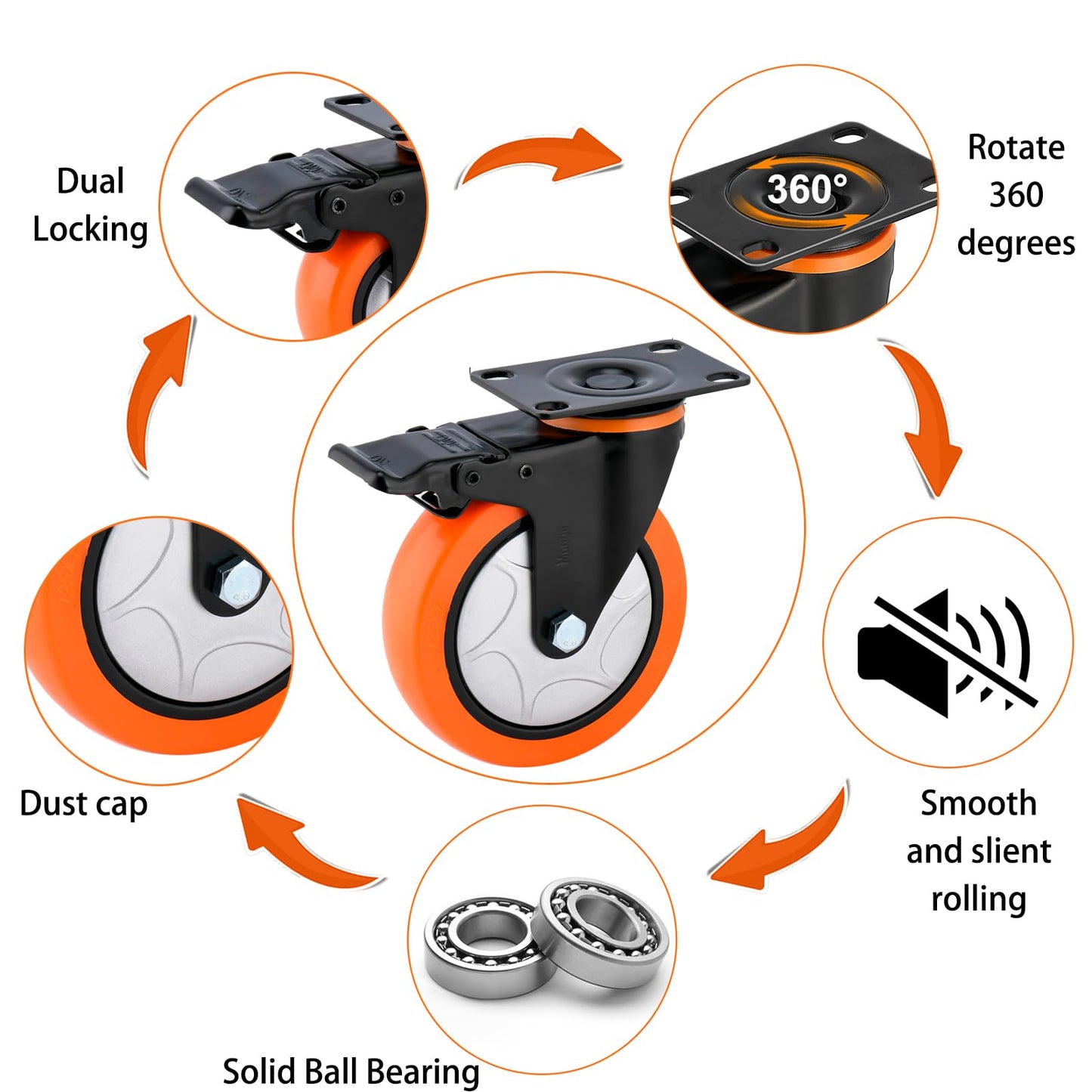 6 Inch Heavy Duty Swivel Caster Wheels with Brake - Set of 4, 3000 Lbs Capacity, PVC No Noise No Marking Wheels for Furniture, Carts, and Equipment (Includes Free Screws)