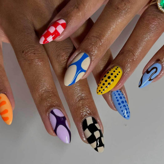 IMSOHOT Medium Press on Nails Almond Colorful Fake Nails Acrylic Glossy False Nails with Designs Full Cover Artificial Stick on Nails for Women Girls Nail Decor 24Pcs