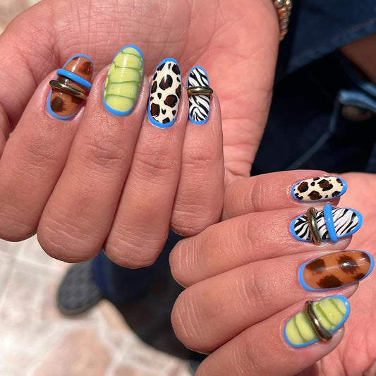 octoswave Oval Press on Nails Medium Length, 3D Animal Print Acrylic False Nails with Blue Borders, Fake Nails for Women Girls Party Travel, 24 Pcs