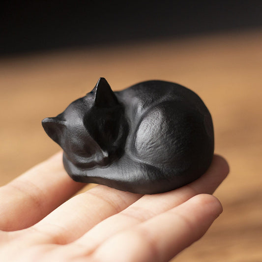 OwMell Tiny Sleeping Cat Statue Hand-Carved Healing Stone Gemstone Little Kitten Statue Figurine 2" - Black Obsidian Small