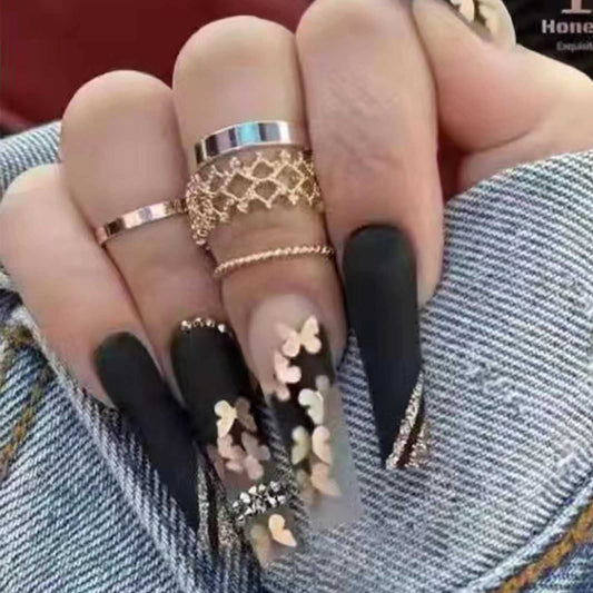 DANMANR Long Press on Nails Square French Fake Nails Full Cover Nude Acrylic False Nails for Women and Girls 24PCS (Black Gold Butterfly)