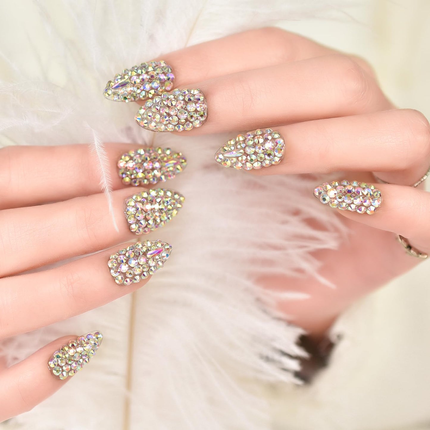 Coolnail Shiny 3D Crystal Rhinestones Press on Nails, Medium Stiletto Holo Diamonds Handmade Tips Kit, Jewelry Gems Full Cover Fake Glue Stick on, Luxe for Party Women & Girl