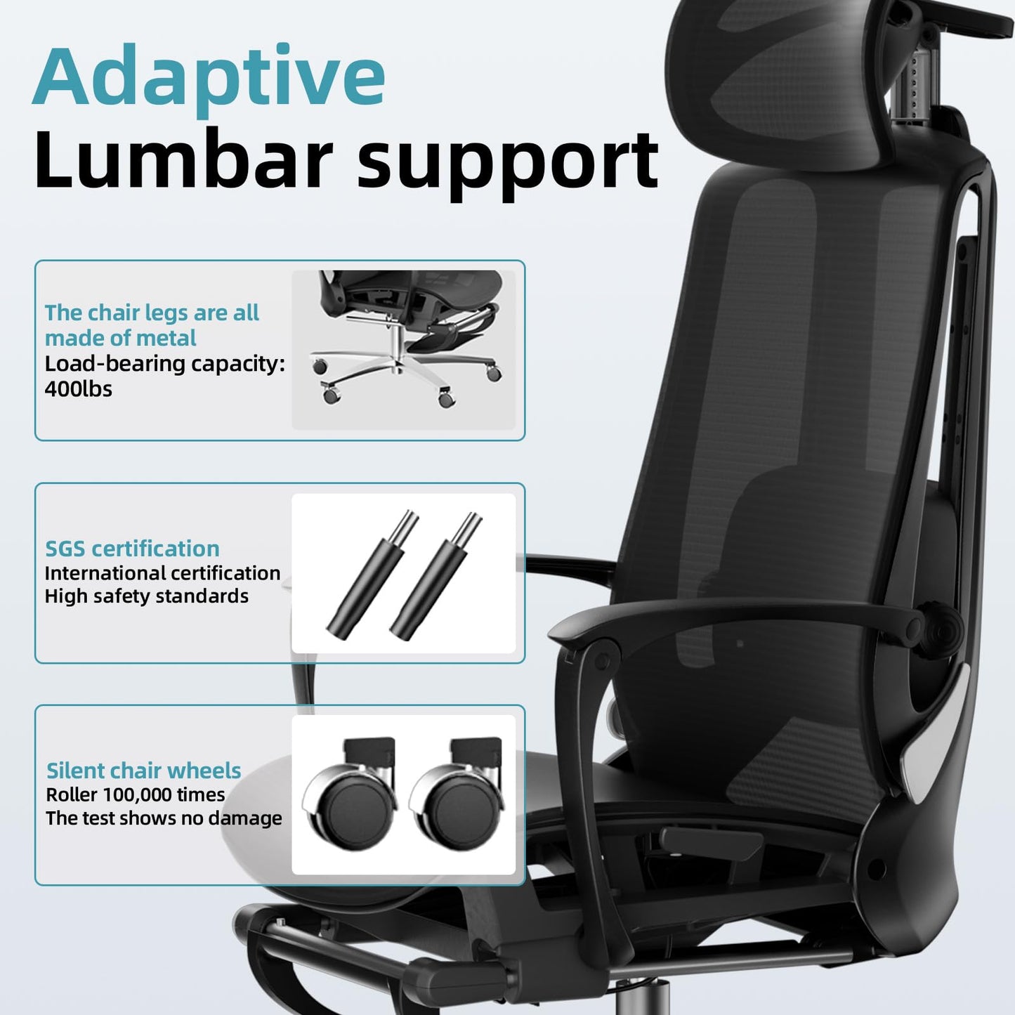 Ergonomic Office Chair with Footrest & Adjustable Massage Lumbar Support – 5D Headrest, 90-160° Recline Mesh Chair for Home Office/Gaming, Heavy Duty Big and Tall 400LBS Capacity, Black