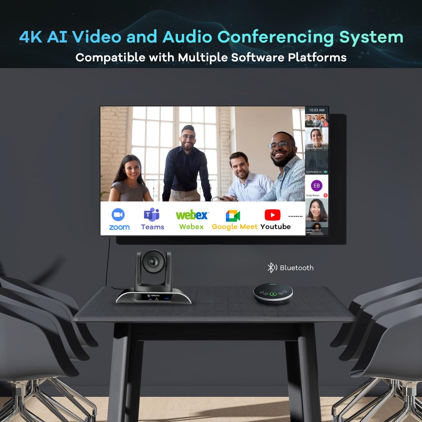 TONGVEO 4K PTZ Conference Room Camera System AI Auto-Tracking 20x Zoom 4K PTZ Camera USB3.0 HDMI LAN outputs and Bluetooth Speakerphone with Microphone for Large Remote Meeting