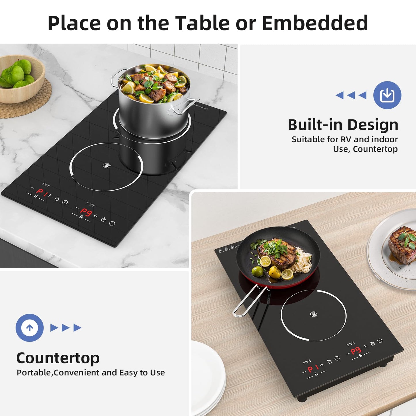 GTKZW 12“ Induction Cooktop, Double Induction Cooktop 2 Burner 110v-120v Electric Stove Top, Countertop and Built-in, 9 Power Levels, Child Lock, 120 Mins Timer