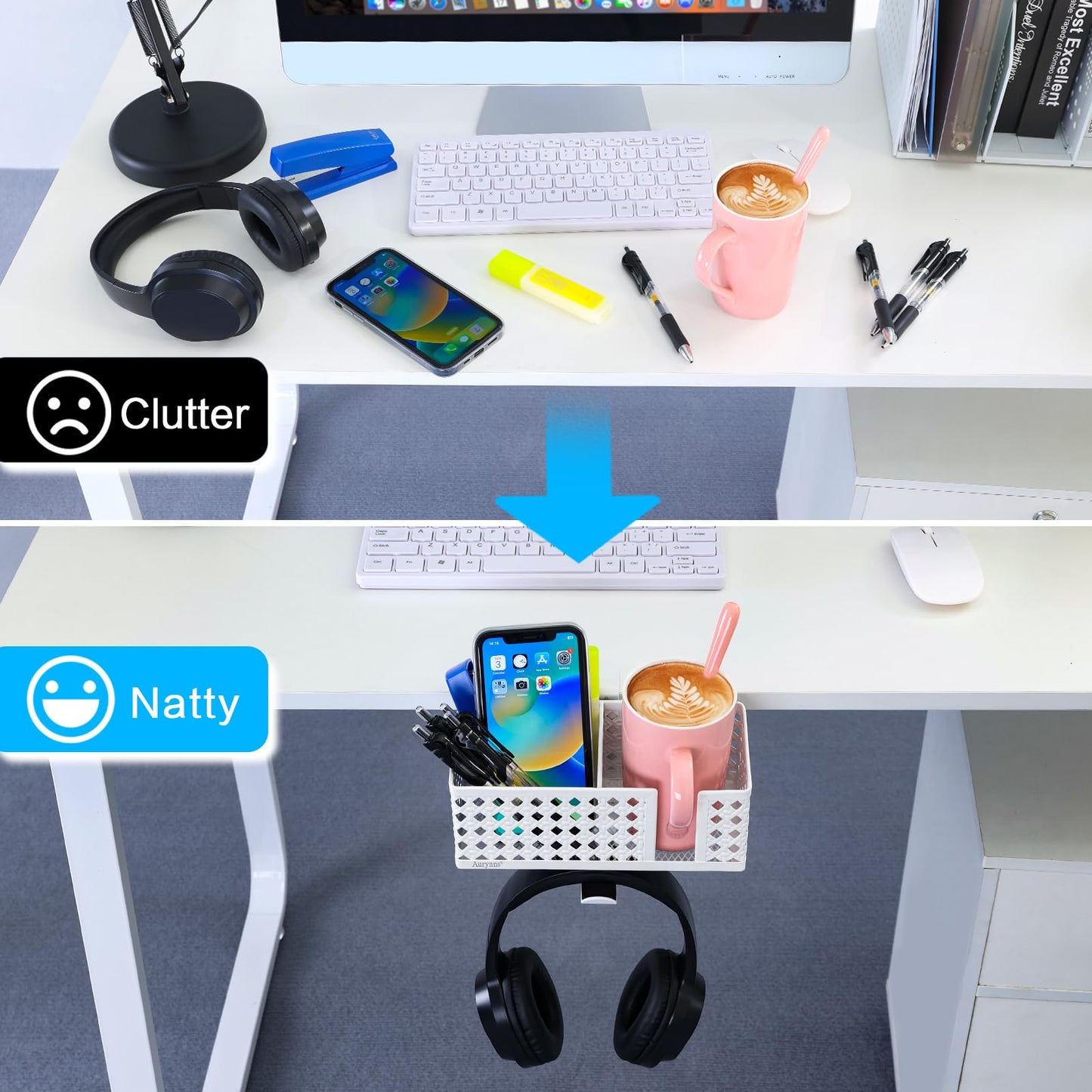 Aurynns Desk Cup Holder, Clip on Cup Hook, Pen Holder Clamp Desk Organizer Pencil Holder Phone Holder Desk Storage for Office School Home (White)