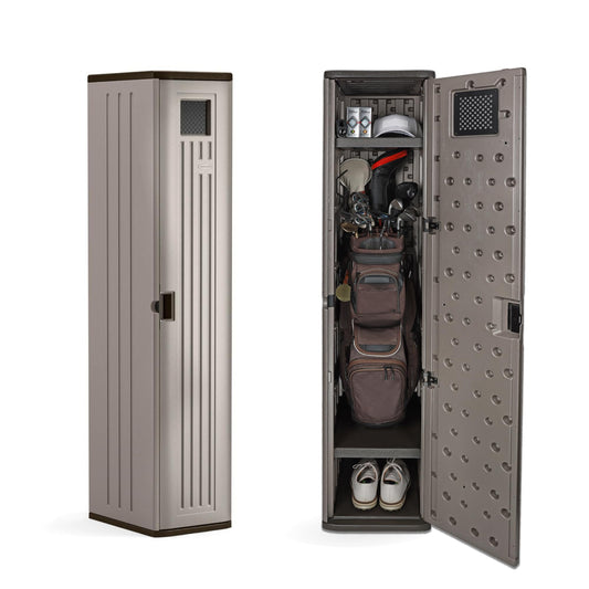 Suncast Garage and Golf Storage Organizer – Golf Rack and Bag Storage, Hall Tree with Shoe Cubby, Heavy-Duty Resin Locker Cabinet with Adjustable Shelves, Lockable, for Golf Equipment, Made in the USA