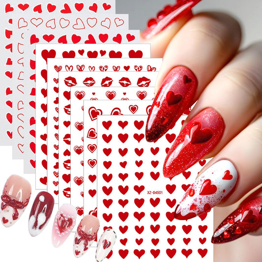 9Sheets Red Heart Nail Art Stickers 3D Romantic Valentines Nail Decals Self-Adhesive Cute Hollow Love Designs Nail Stickers for Acrylic Nails Red Lips Nail Decal for Women DIY Holiday Nails Decoration