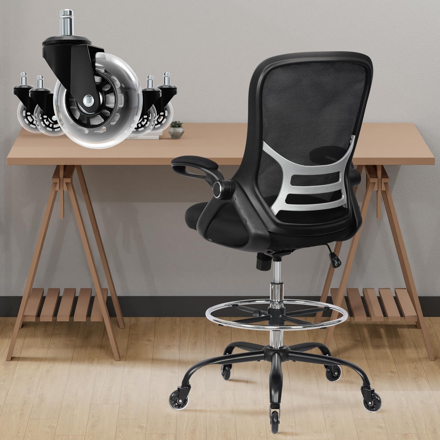 HYLONE Drafting Chair Adjustable, Tall Office Chair Lumbar Support Ergonomic Standing Desk Chair Heavy Duty Tall Drafting Stool for Artists with Footrest Home Office Drafting Stool