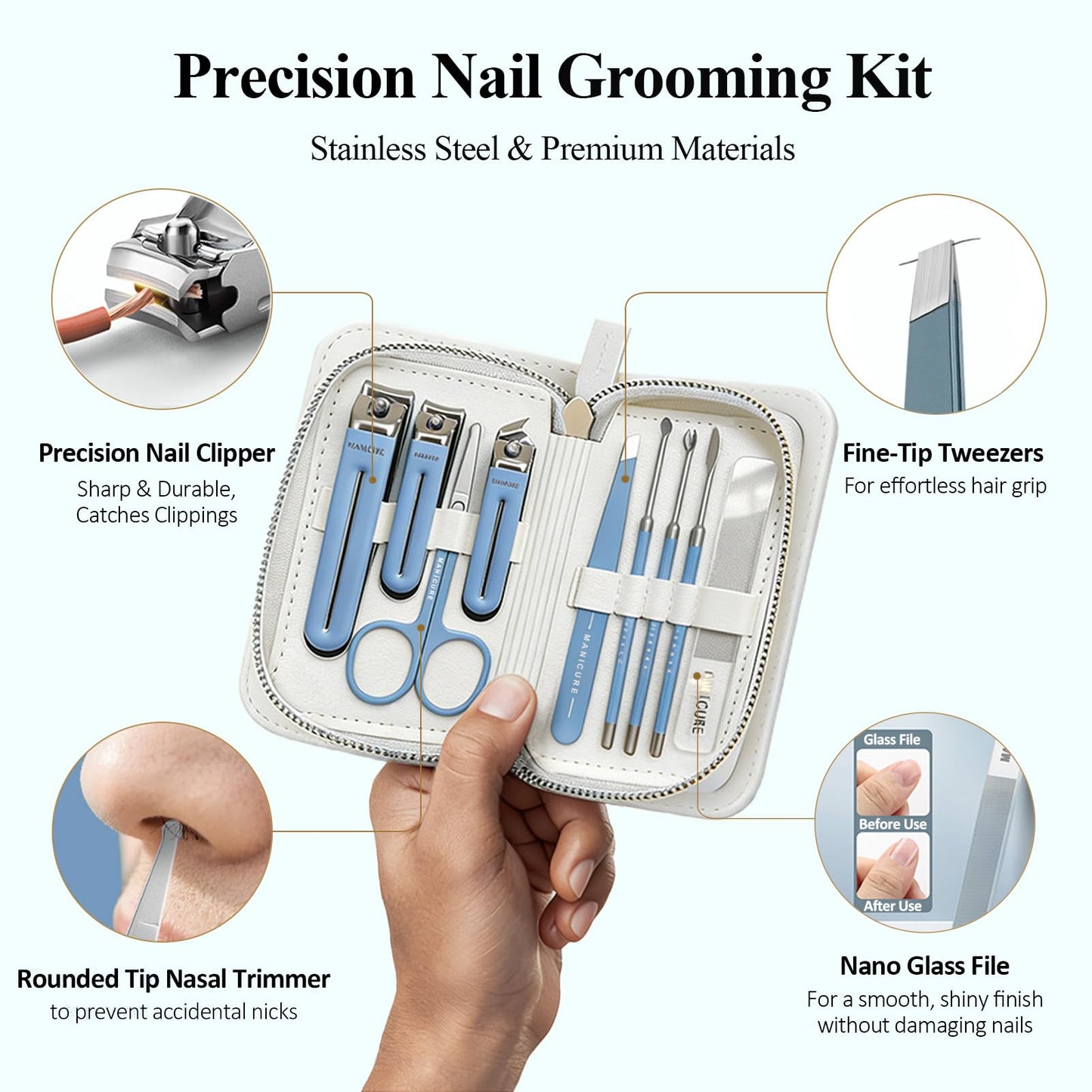 SIALANCI 9-in-1 Manicure and Pedicure Kit for Men & Women, Travel Nail Clipper Set with Stainless Steel Tools & Glass Nail File, Portable Grooming Kit in PU Leather Case, Personal Care Gift