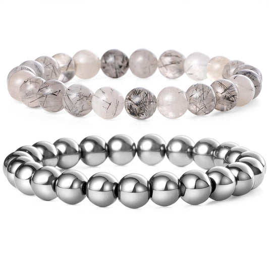 Bivei Natural Gemstone Semi Precious Crystals Handmade Stretchy Round Beads Bracelet, Enhance Positive Energy,Stocking Stuffers for Women(Black Rutilated Quartz & Hematite (Emotional Trauma) Medium)