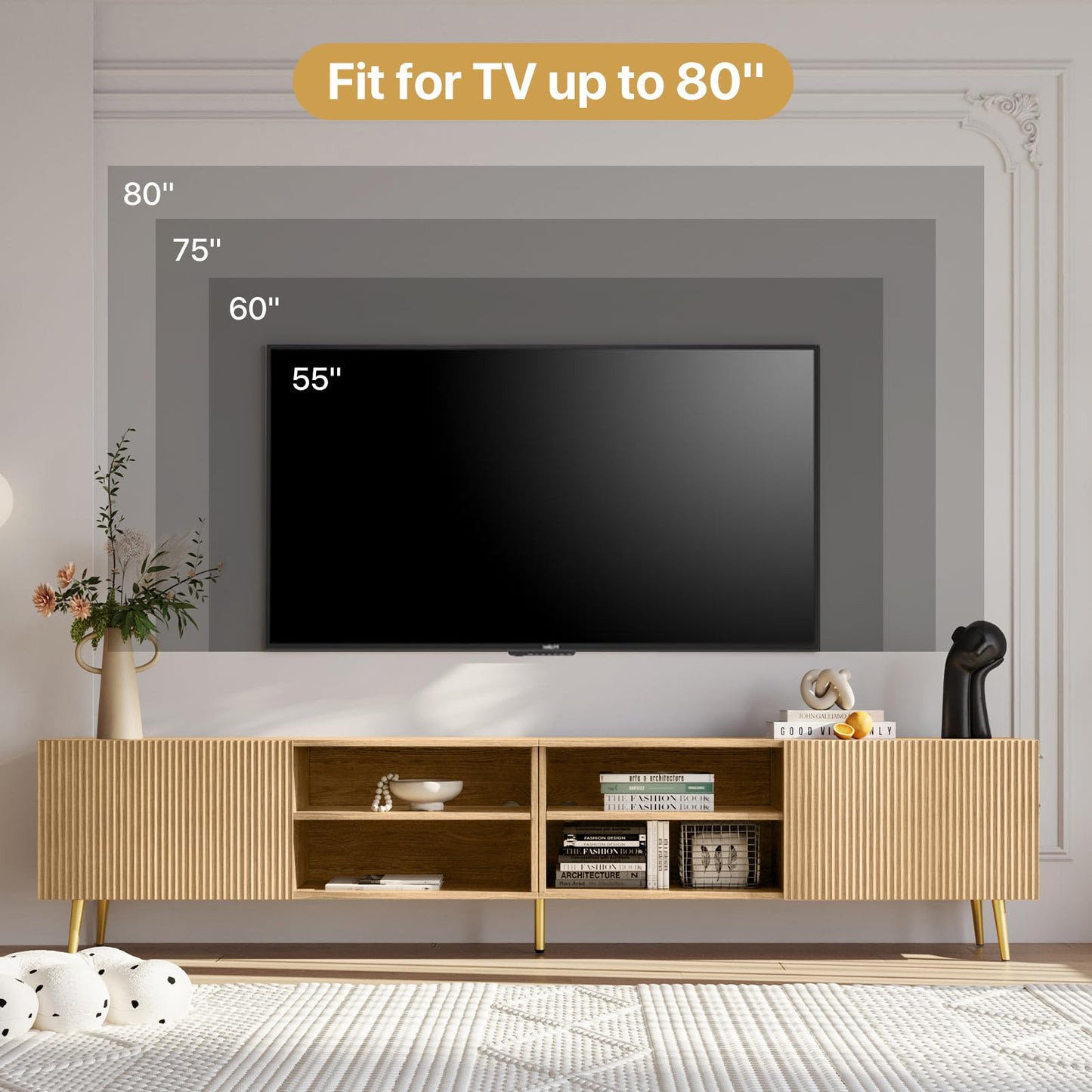 KIMOLST Modern 86in TV Stand for Living Room, Fluted Design Entertainment Center with Adjustable Shelves,Media TV Console Table with Storage for Bedroom,Nature