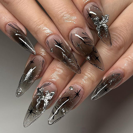 24 Pcs Almond Press on Nails Long Fake Nails with 3D Butterfly Nail Charms Nude Black False Nails with Design Glitter Artificial Nails Glossy Full Cover Glue on Nails Stick on Nails for Women Girls