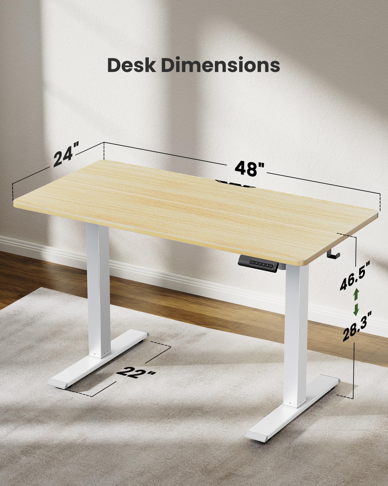Marsail Electric Standing Desk Adjustable Height, 48 * 24 Inch Sit Stand up Desk for Home Office Furniture Computer Desk with 3 Memory Presets, Headphone Hook, Light Maple