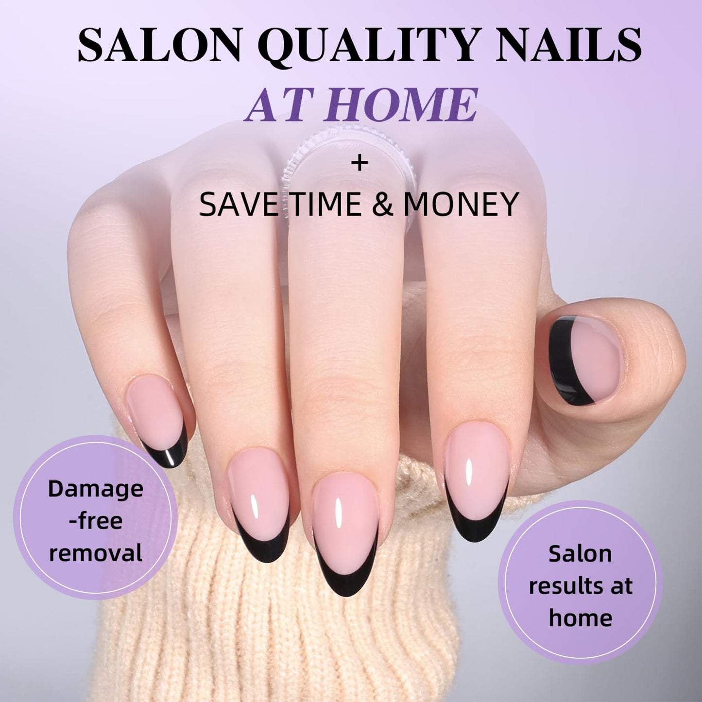 Black French Tip Press On Nails, Short Almond Fake Nails, Reusable Glue On Nails with Nail Glue, French Tip Design for Women 32 Pieces 16 Sizes