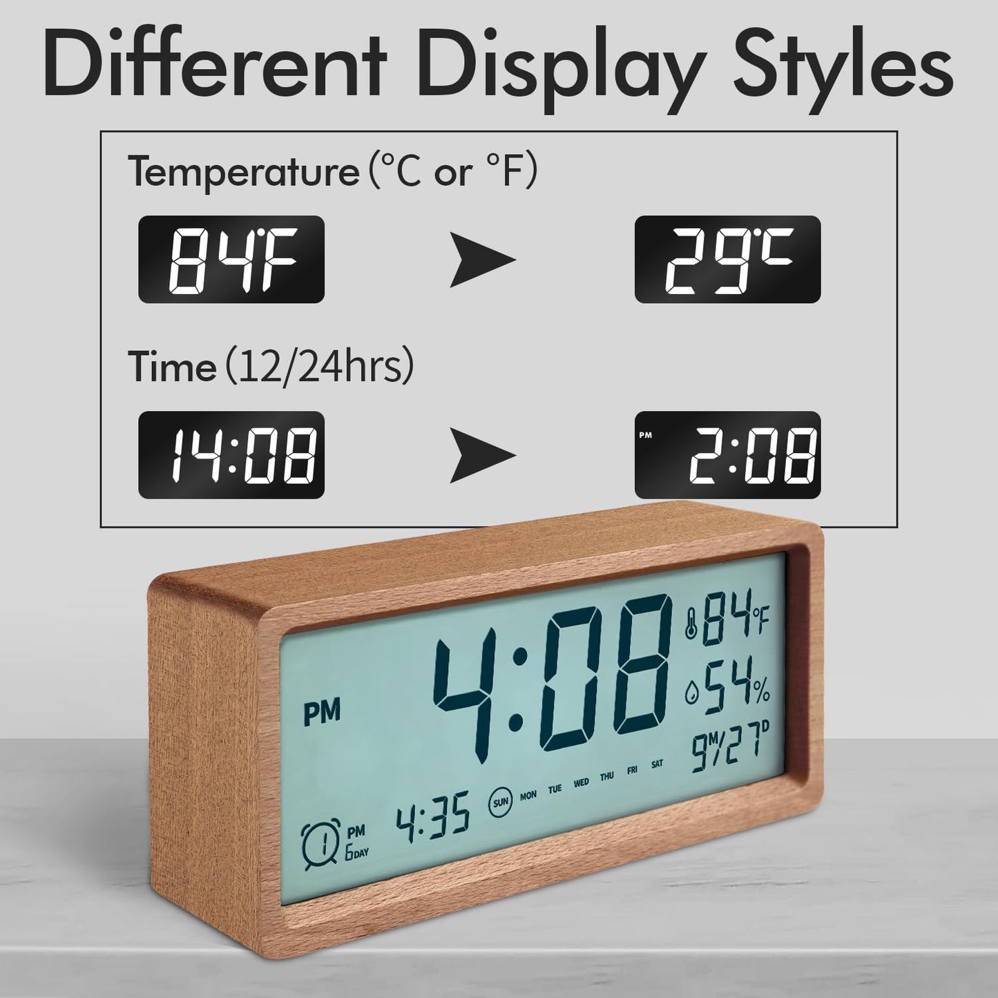 Smart Cute Digital Alarm Clock Snooze Wake Up Desk Clock Night Stand Clock Digital Bedside Tables Wood Alarm Clock for Heavy Sleepers Adults Large Display Alarm Clocks for Bedrooms Office Kids Toddler