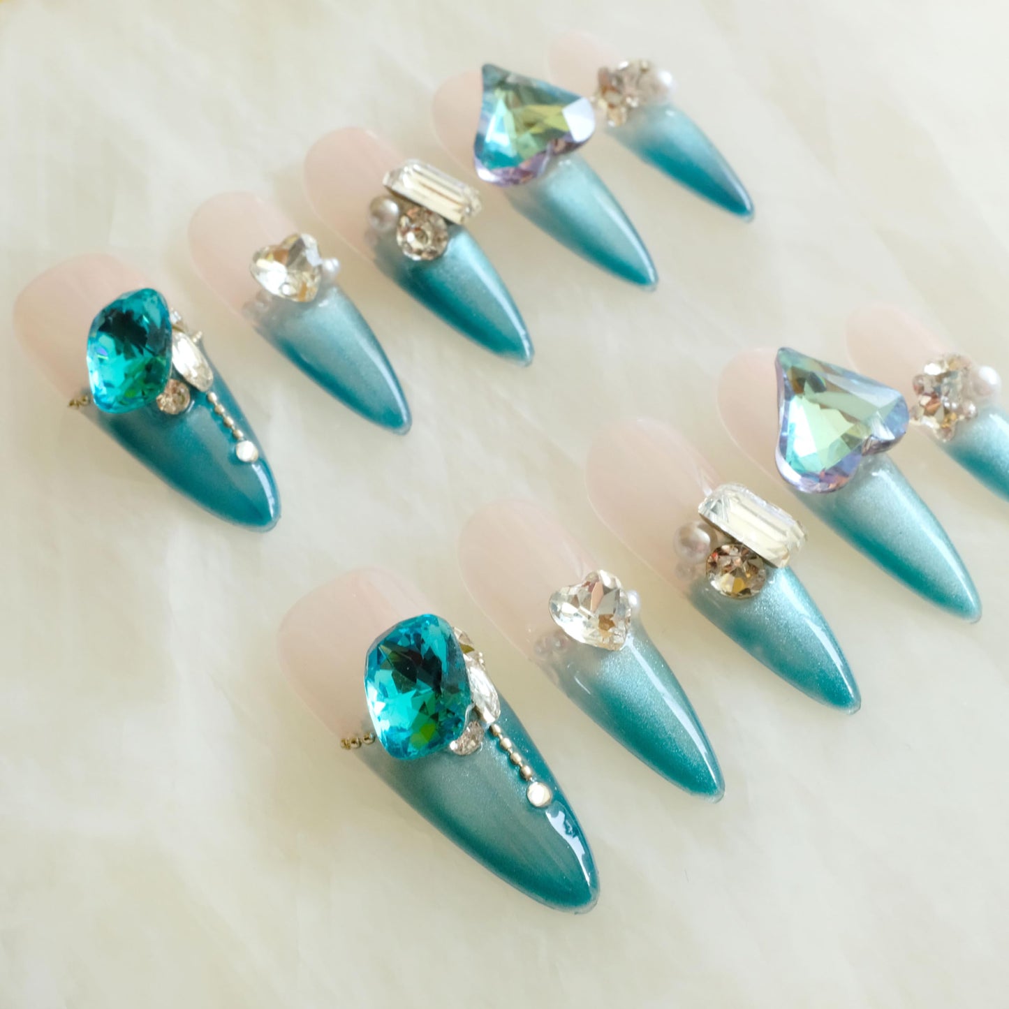 GLORS Luxury Long Stiletto Press-On Nails, Turquoise Blue Stiletto with 3D Crystals and Pearls, Handmade False Nail 10 Pieces (Small, LS)