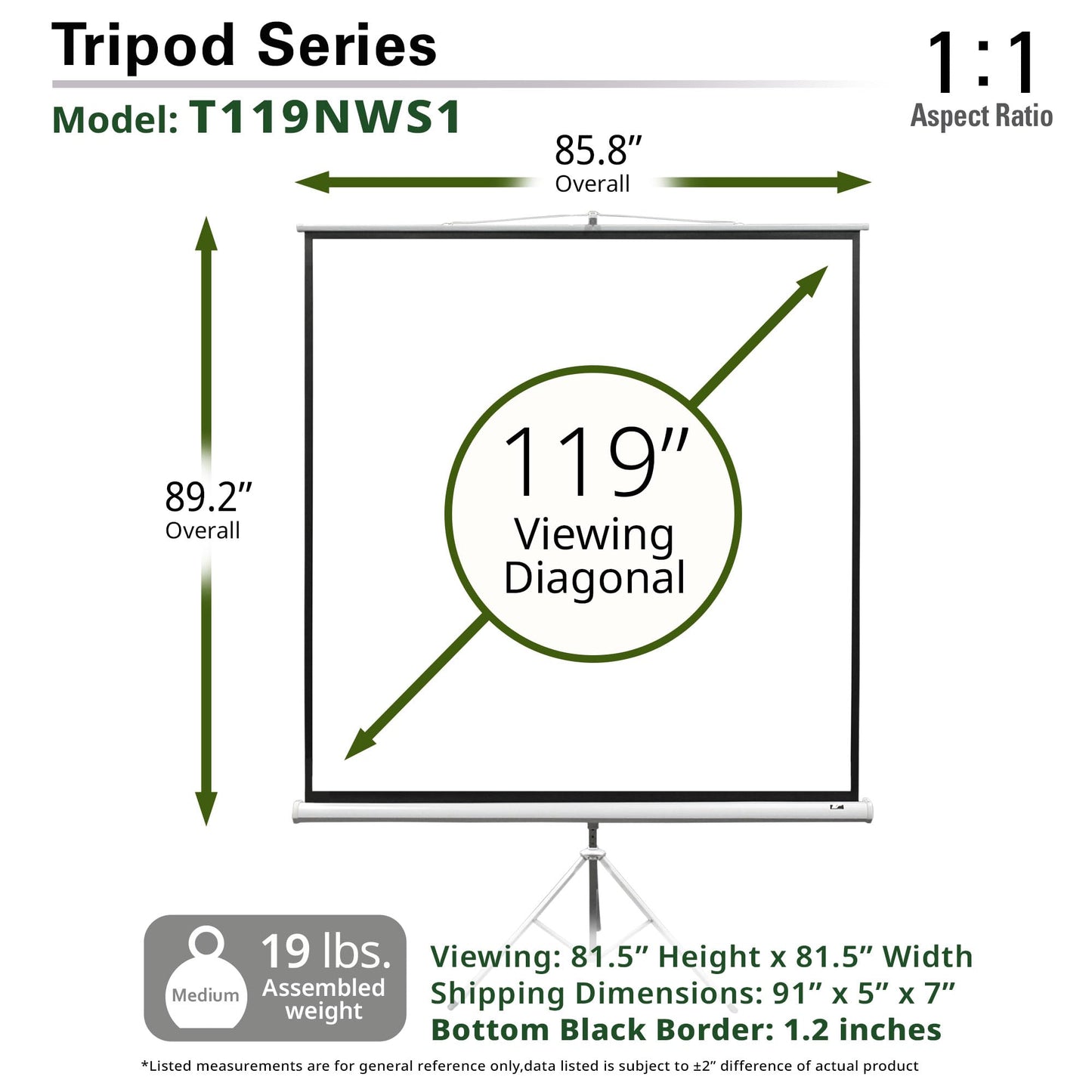 Elite Screens Tripod Series, 119-INCH 1:1, 16:9, 4:3 Adjustable Multi Aspect Ratio Portable Indoor Outdoor Projector Screen, 8K / 4K Ultra HD 3D Ready, 2-Year Warranty, T119NWS1 - White Case