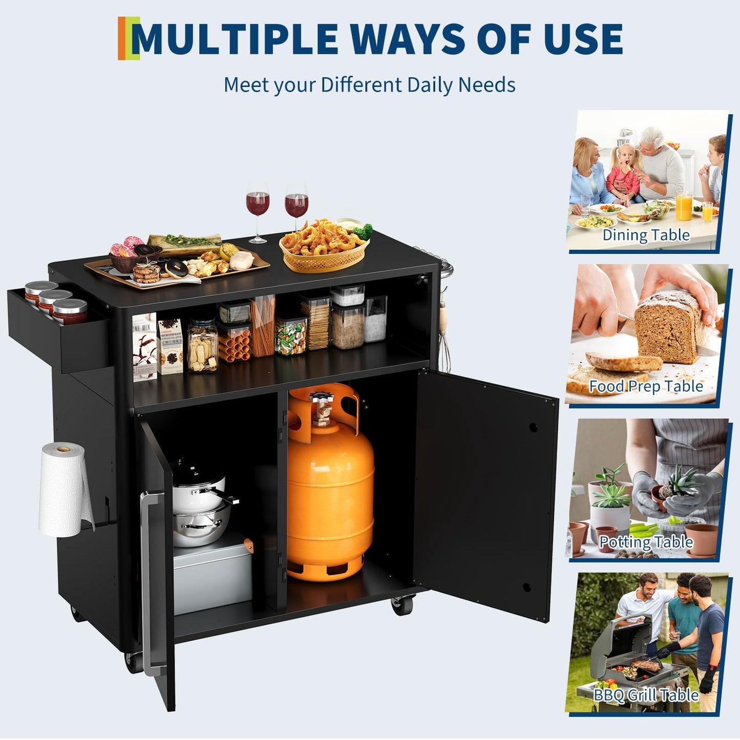 Heavy-Duty 2-Tier Outdoor Kitchen Island with Locking Wheels – 883 sq.in. Prep Space, 304 Stainless Steel Top, Magnetic Double-Door BBQ Cabinet for Grilling Table & Patio Cooking Station
