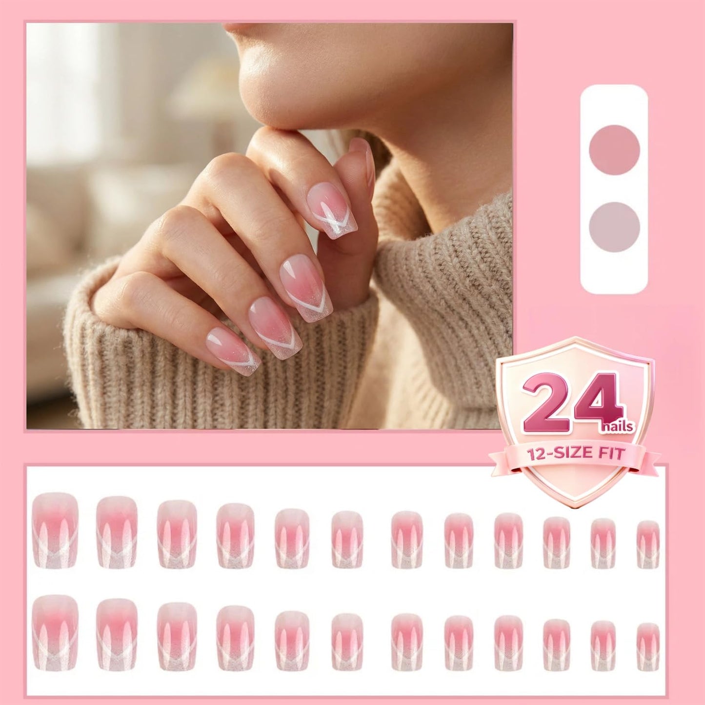 French Tip Press On Nails, Glossy Nude with White Accents, Easy Application, Long-Lasting & Durable False Nails for Women, Salon Quality, 24PCS