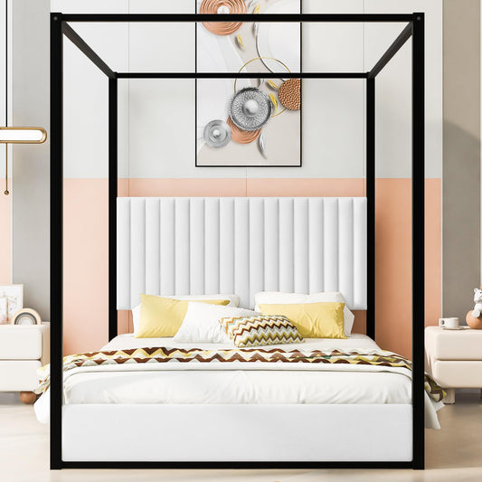 GDFStudio Queen Size Canopy Bed Frame with Upholstered Headboard, Metal Frame Platform Design, Four Poster Metal Frame Bed, Romantic Bedroom Decor, Modern Bedroom Furniture, Black White