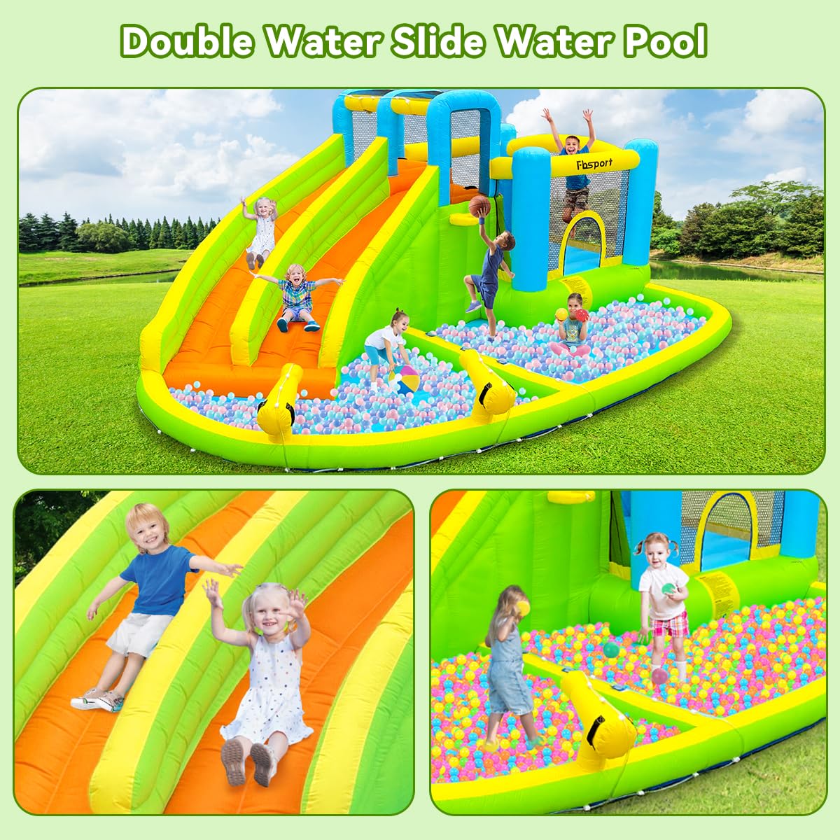 FBSPORT Inflatable Bounce House,Water Slide Park Bouncer Castle with 2 Slide & Double Cannon, Climbing Wall, Kids Bouncy Castle with 550W Air Blower for Backyard, Outdoor, Indoor