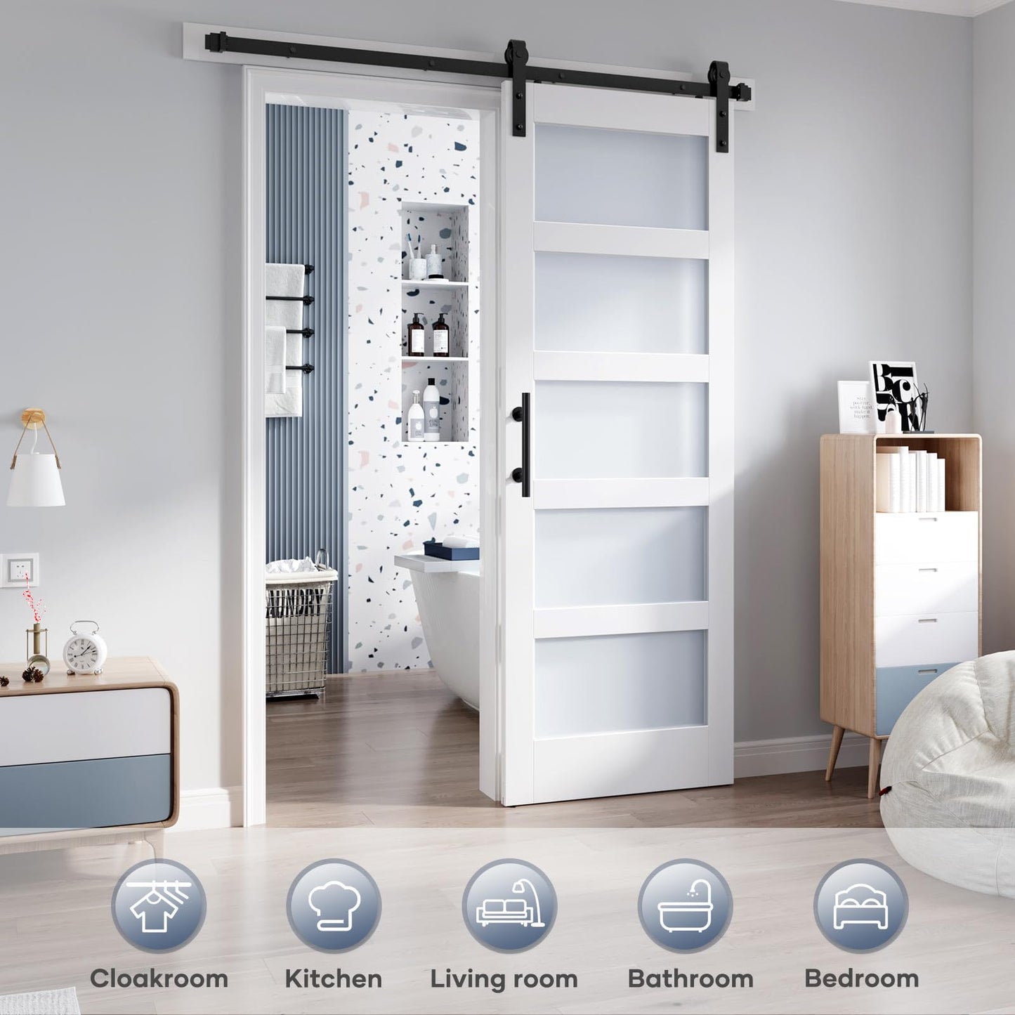 ROYMELO 30x80 Inch Glass Sliding Barn Door Slab and 5.5ft Hardware Kit Included, 5 Frosted Glass, LVL Wood Panel Covered with White Water-Proof Scratch-Proof PVC Surface, Simple DIY Assembly