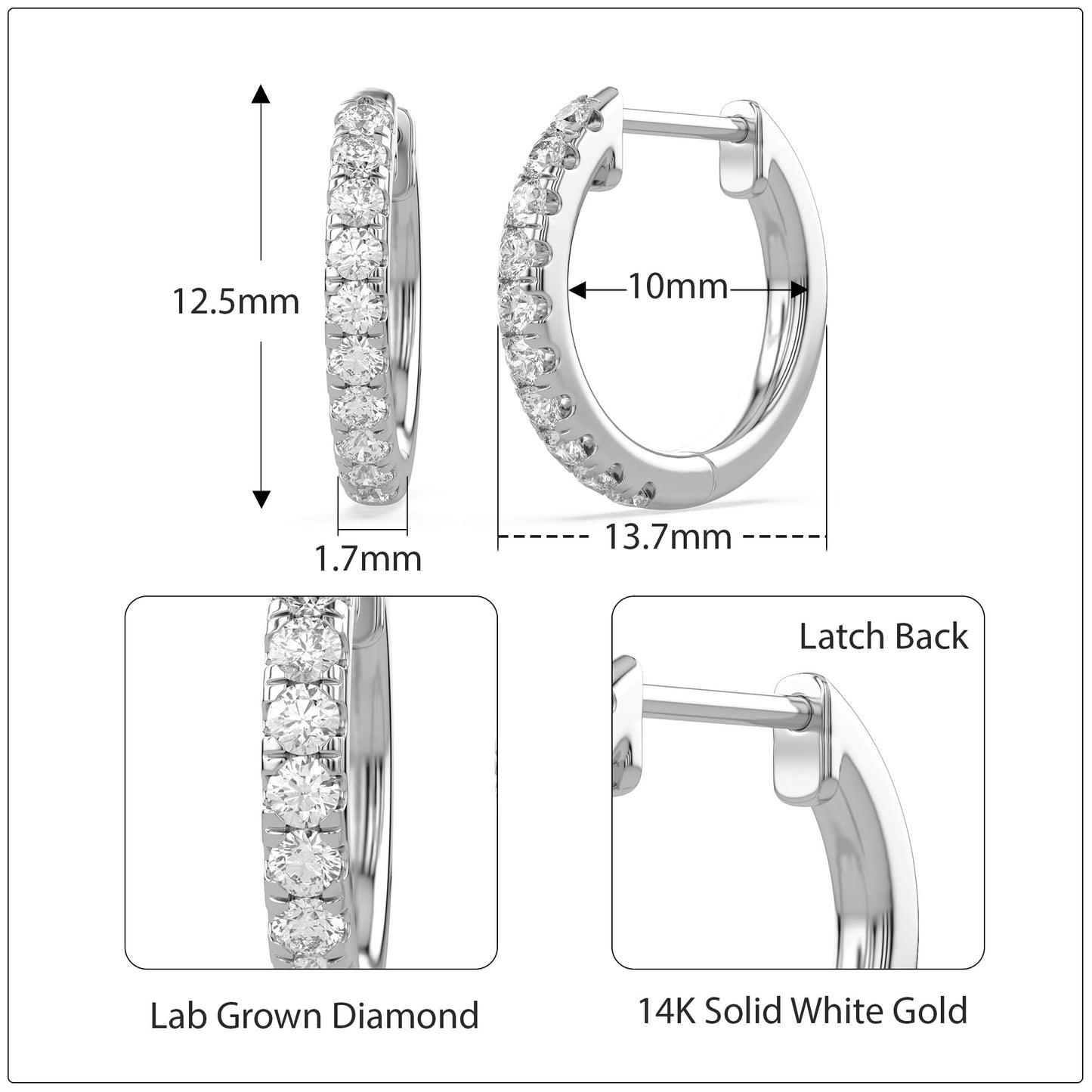 10MM Huggie Hoop Earrings for Women, 0.25 Carat (ctw) Round Natural Diamond Hoop Earrings in 14K Solid White Gold Jewelry for Her