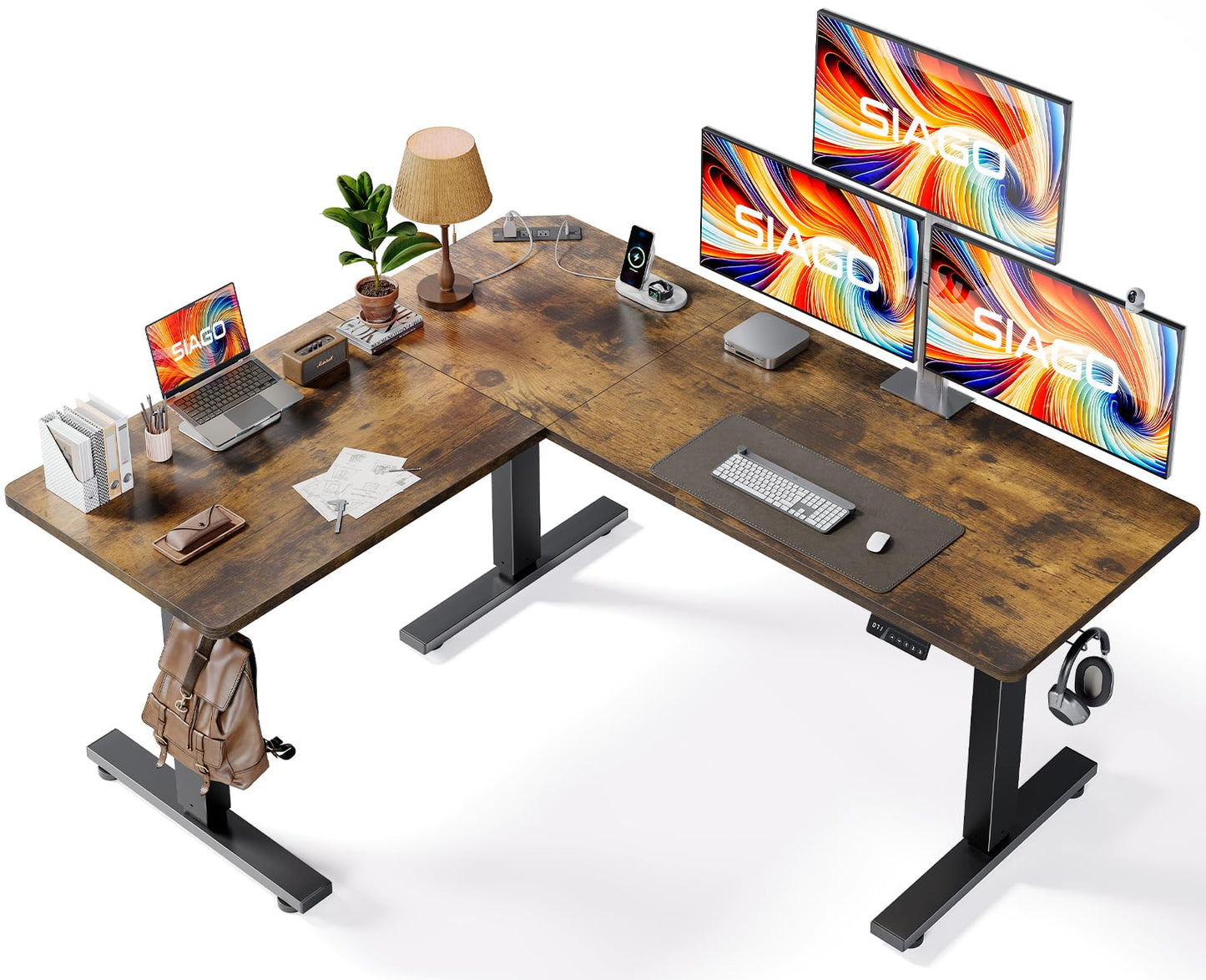 SIAGO L-Shaped Standing Desk - 63 x 55 Inch Adjustable Corner Standing Desk with Charging Station - L Shape Sit Stand Table with Memory Controller, Splice Board for Home Office